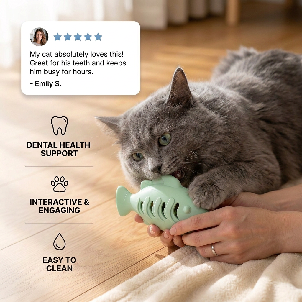Teeth-cleaning chew & nibble fish – Interactive silicone snack dispenser for cats