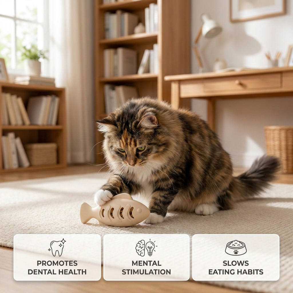 Teeth-cleaning chew & nibble fish – Interactive silicone snack dispenser for cats