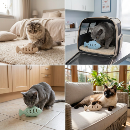 Teeth-cleaning chew & nibble fish – Interactive silicone snack dispenser for cats