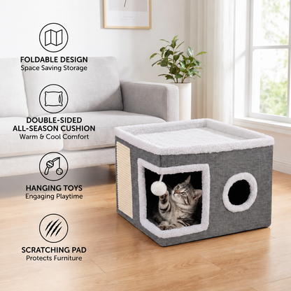 Modern Foldable Cat House with Double-Sided All-Season Cushion & Hanging Toys
