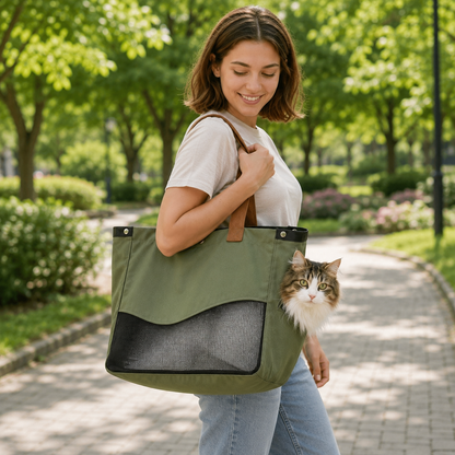 Breathable Canvas Cat Carrier Tote Bag with Mesh Window