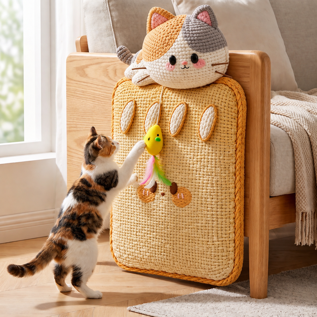 2in1 Woven Self-Adhesive Cat Scratching Mat & Furniture Protector with Interactive Toy