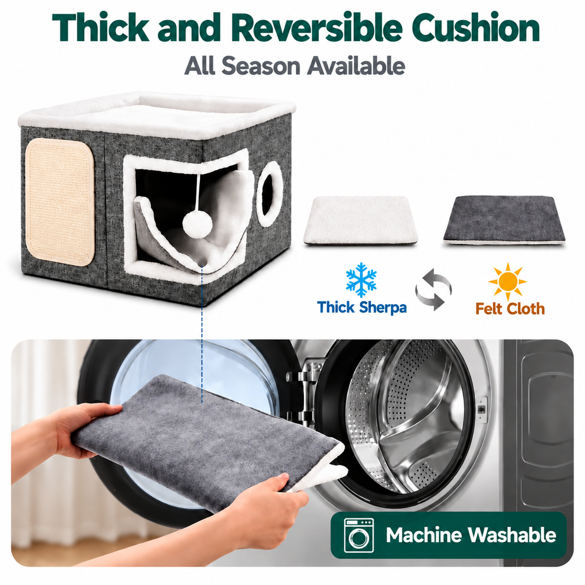 Modern Foldable Cat House with Double-Sided All-Season Cushion & Hanging Toys