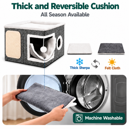 Modern Foldable Cat House with Double-Sided All-Season Cushion & Hanging Toys