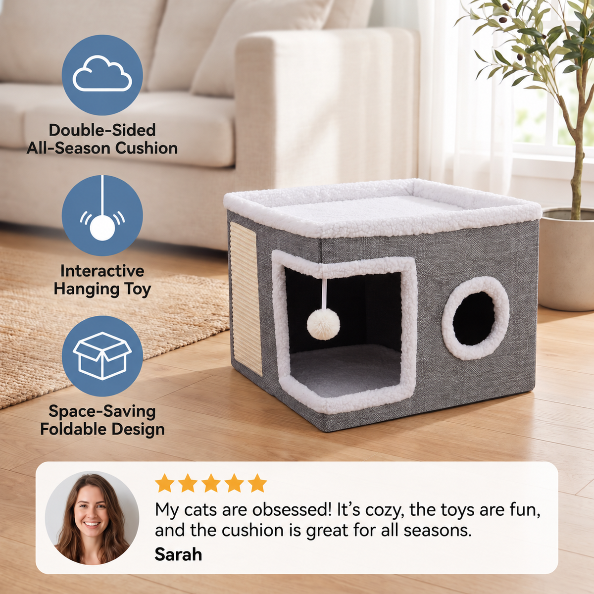 Modern Foldable Cat House with Double-Sided All-Season Cushion & Hanging Toys