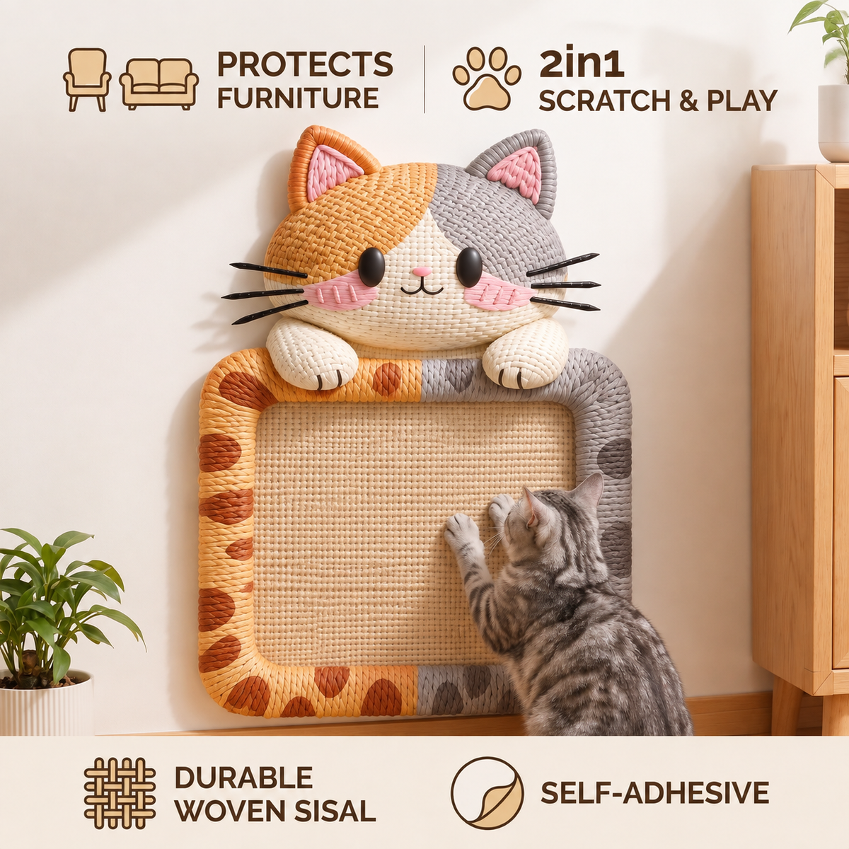 2in1 Woven Self-Adhesive Cat Scratching Mat & Furniture Protector with Interactive Toy