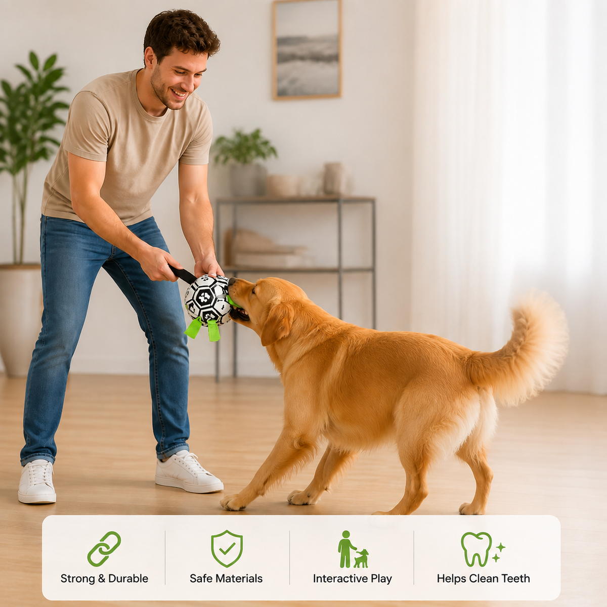 Robust dog toy ball with pull handles