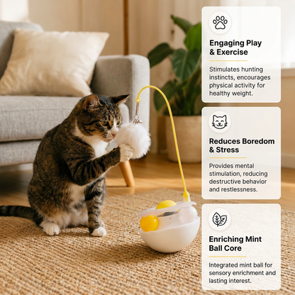 Wobbling feather and mint ball play station for cats