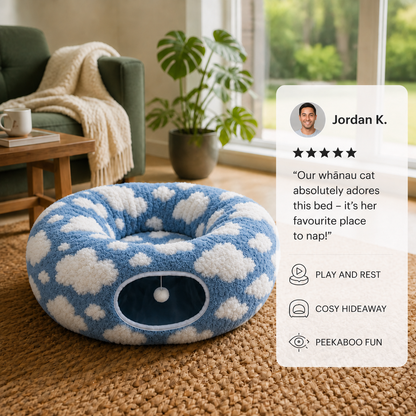 Fluffy 2-in-1 Pet Play Tunnel & Calming Bed with Cozy Blanket and Peekaboo Hole
