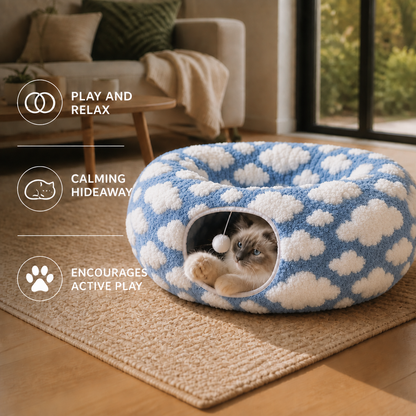 Fluffy 2-in-1 Pet Play Tunnel & Calming Bed with Cozy Blanket and Peekaboo Hole