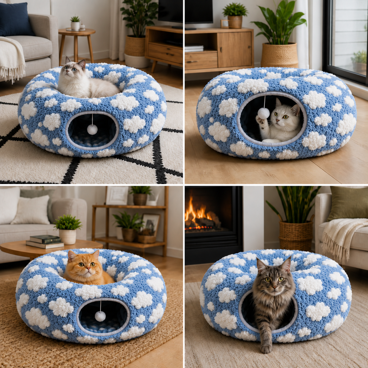 Fluffy 2-in-1 Pet Play Tunnel & Calming Bed with Cozy Blanket and Peekaboo Hole