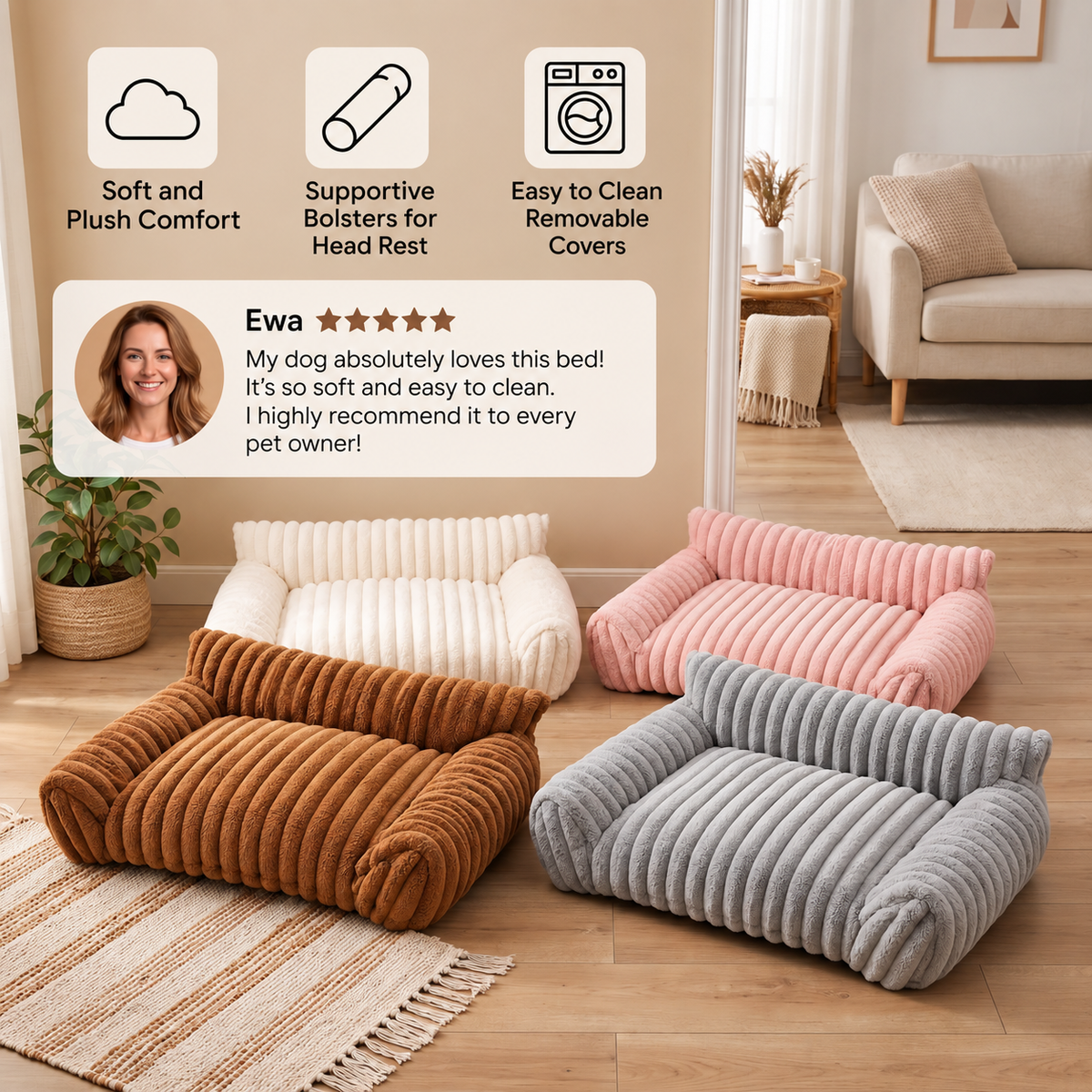 Fluffy Cloud Pet Sofa Bed with Soft Bolsters & Washable Covers
