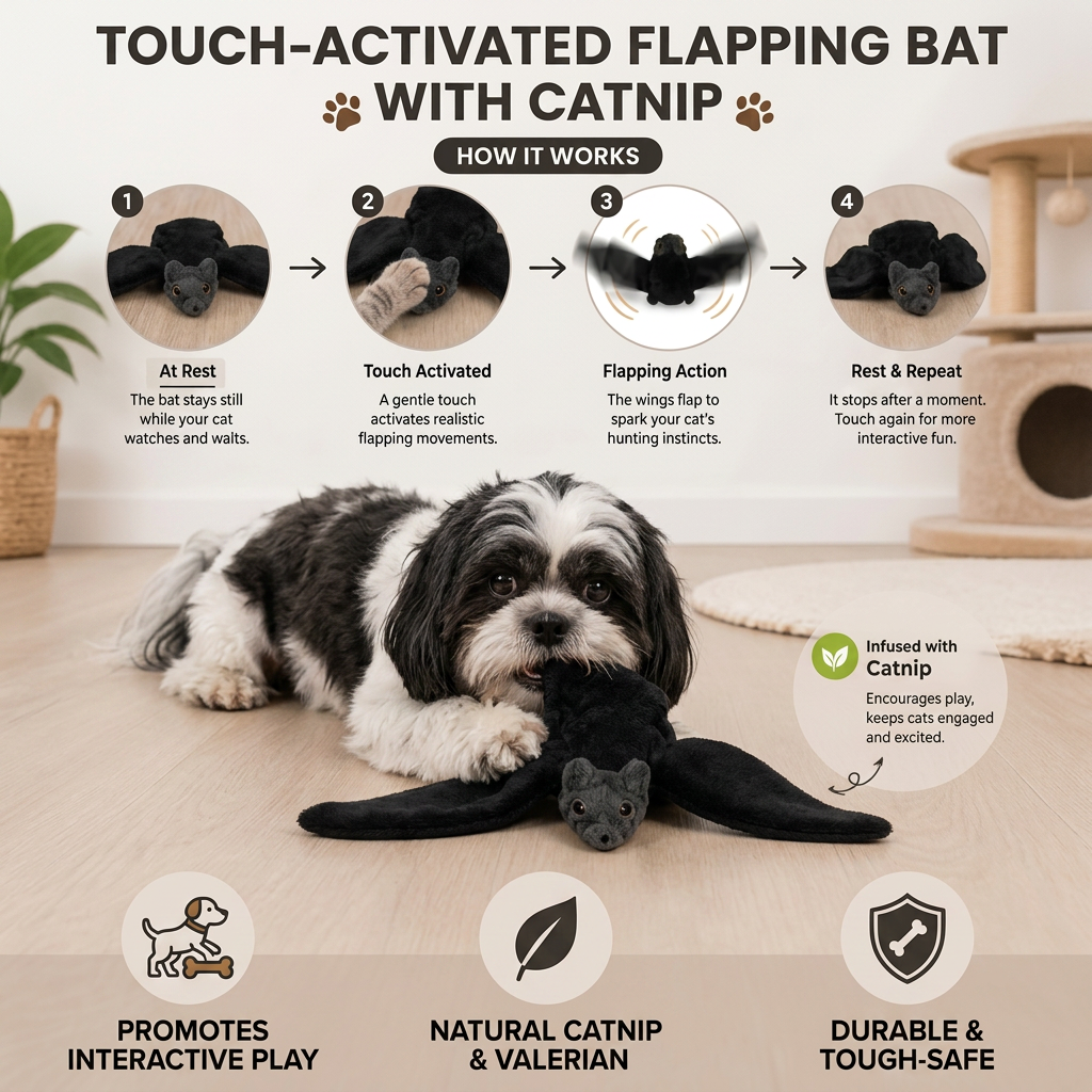Touch—Activated Flapping Bat Dog Toy with Catnip