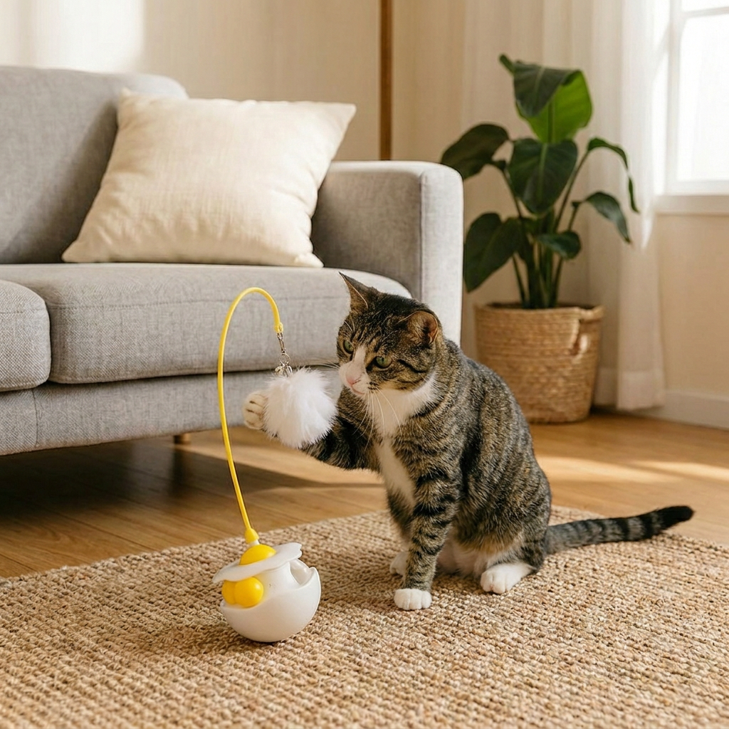 Wobbling feather and mint ball play station for cats