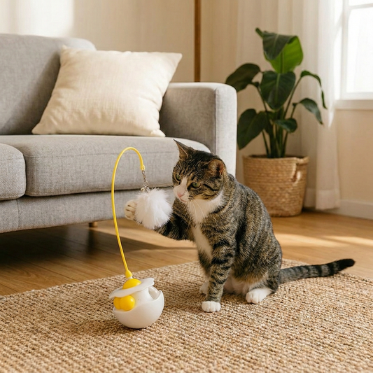 Wobbling feather and mint ball play station for cats