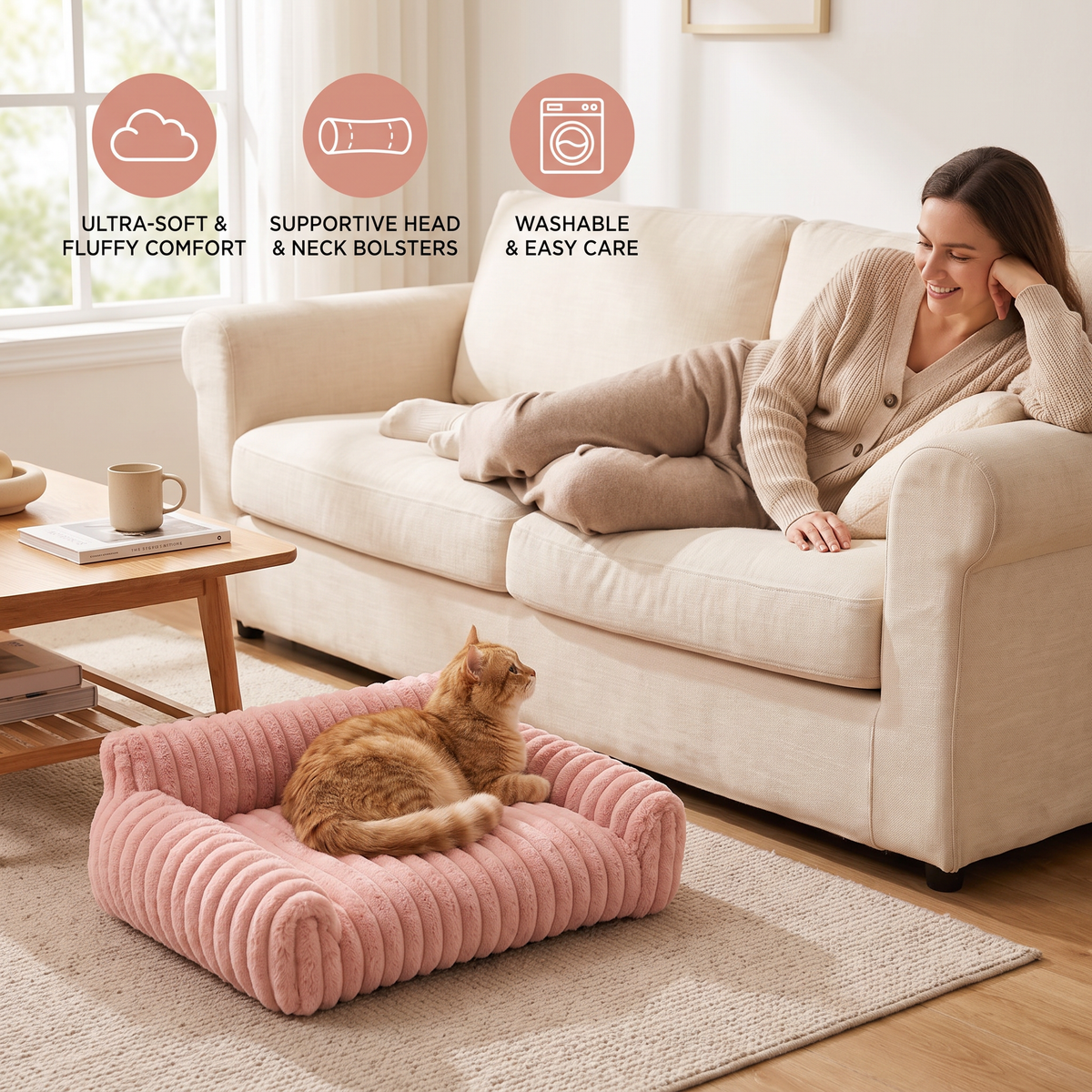 Fluffy Cloud Pet Sofa Bed with Soft Bolsters & Washable Covers
