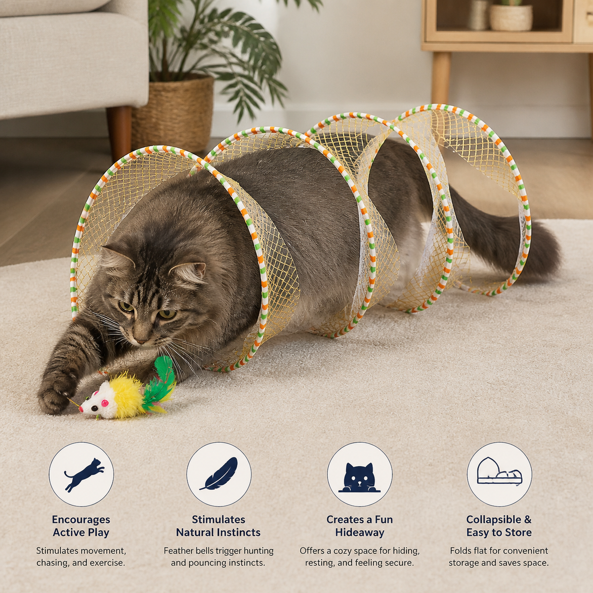 Collapsible Spiral Cat Play Tunnel with Feather Bells