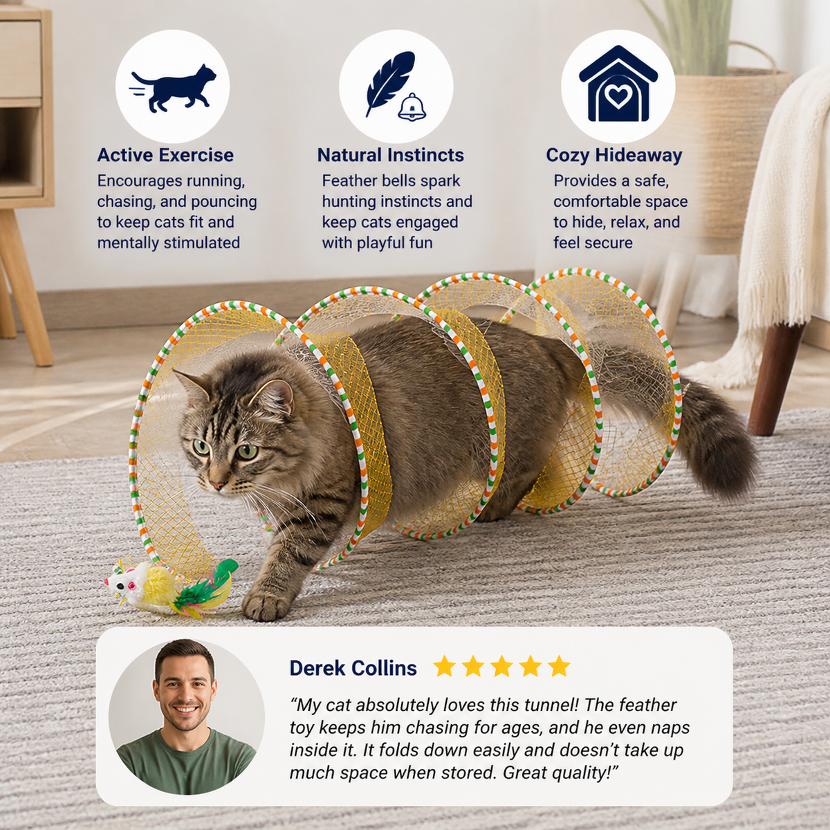 Collapsible Spiral Cat Play Tunnel with Feather Bells