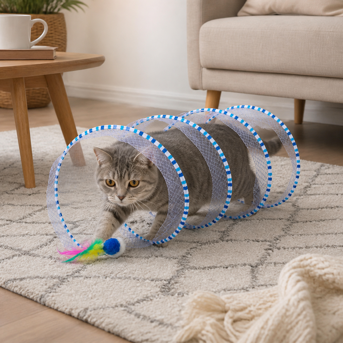 Collapsible Spiral Cat Play Tunnel with Feather Bells