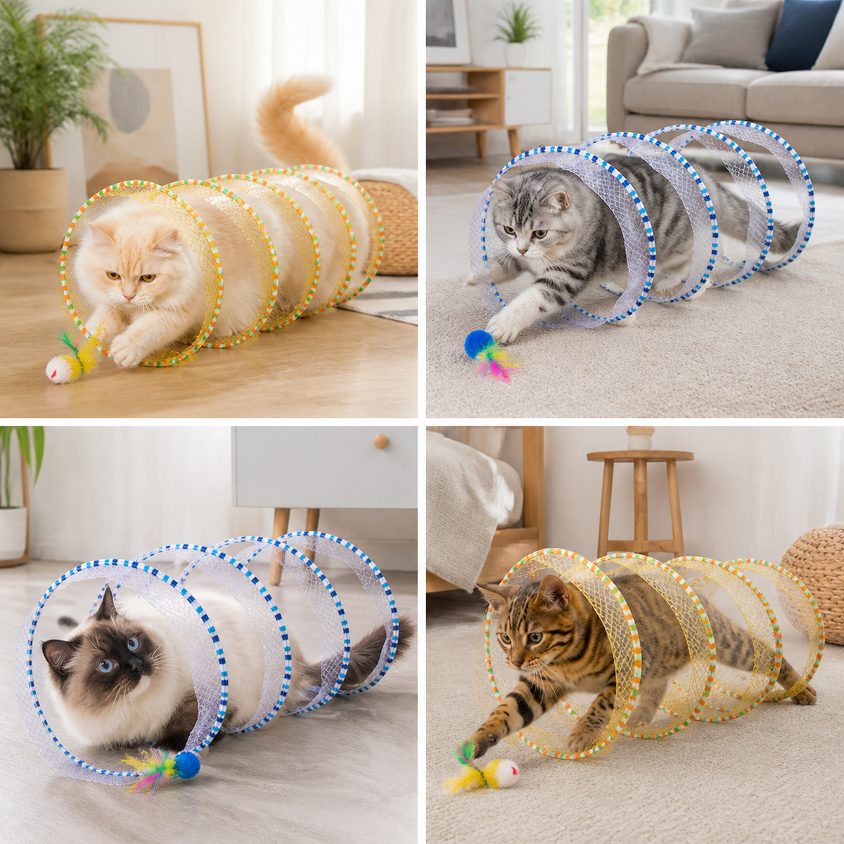 Collapsible Spiral Cat Play Tunnel with Feather Bells