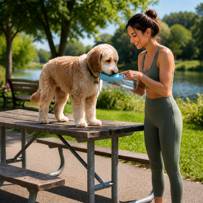 3 in 1 portable dog water bottle with food container and poop bag