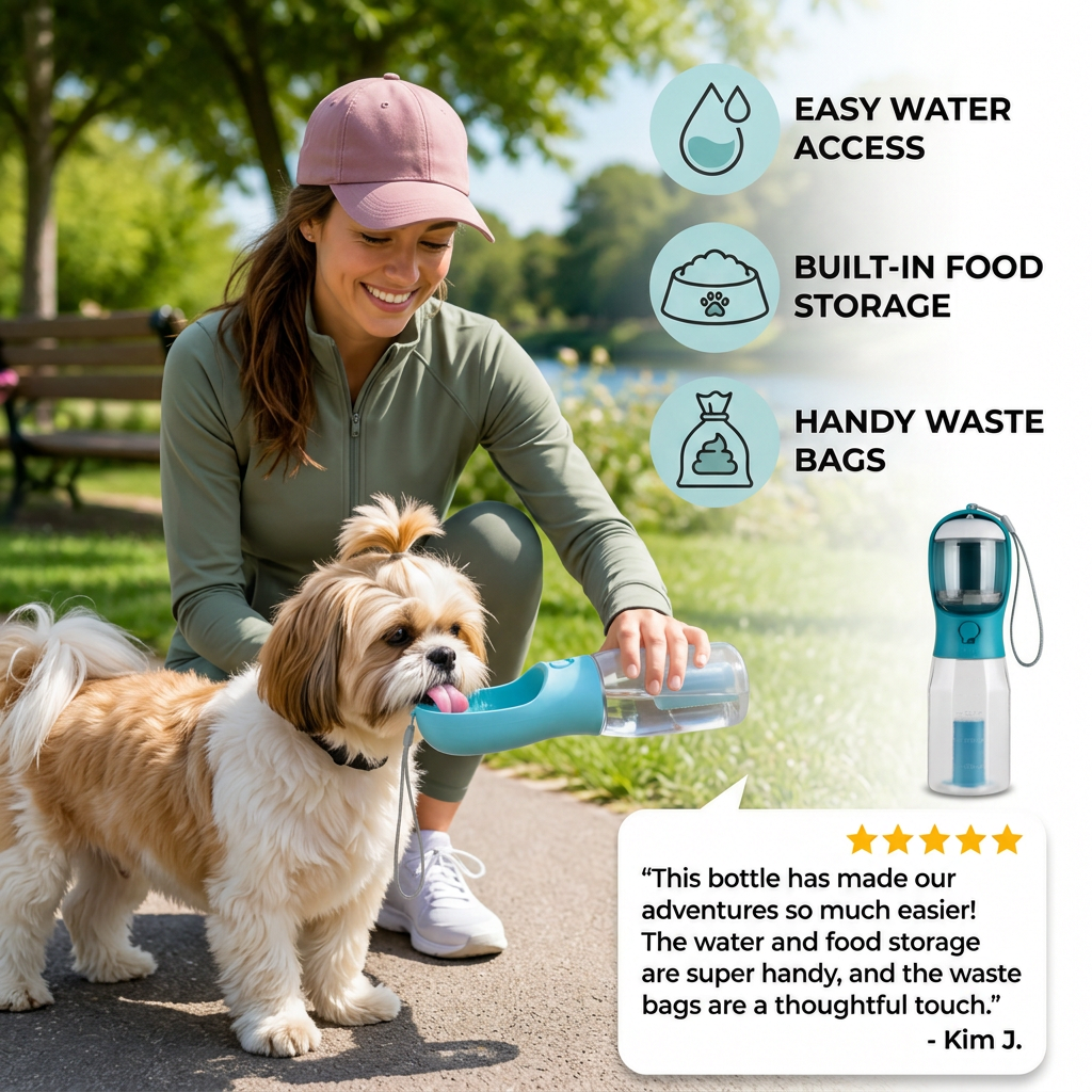 3 in 1 portable dog water bottle with food container and poop bag