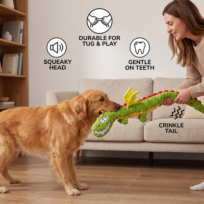 Durable Plush Dragon Dog Toy – Squeaky Crinkle Tug Toy