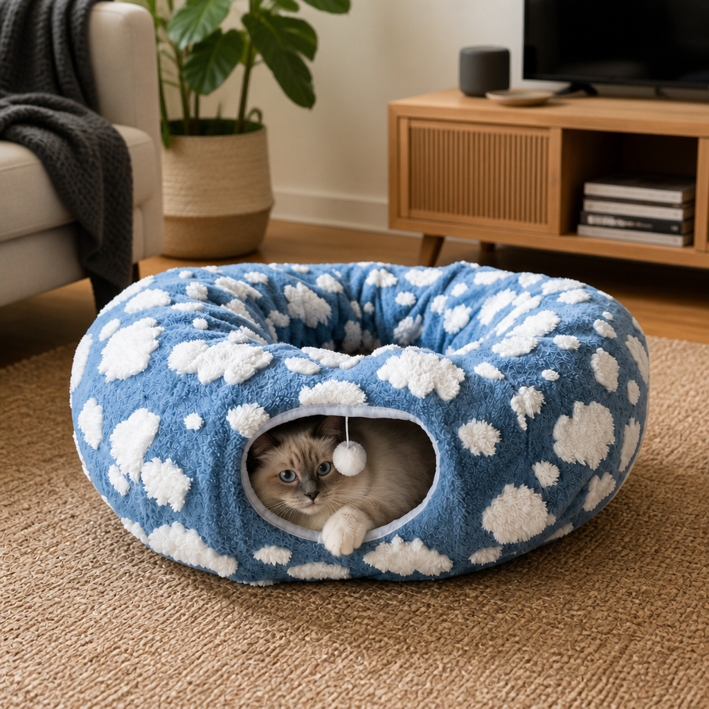 Fluffy 2-in-1 Pet Play Tunnel & Calming Bed with Cozy Blanket and Peekaboo Hole
