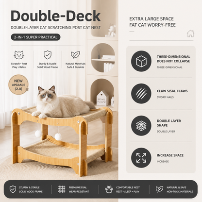 Wooden Double-Decker Cat Play & Lounge Bed with Sisal Scratching Ramp and Hanging Toys