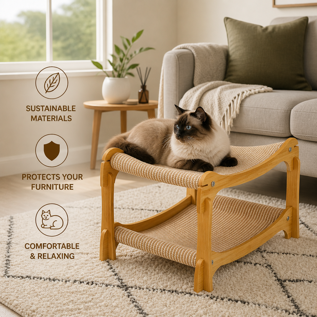 Wooden Double-Decker Cat Play & Lounge Bed with Sisal Scratching Ramp and Hanging Toys