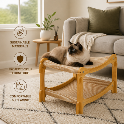 Wooden Double-Decker Cat Play & Lounge Bed with Sisal Scratching Ramp and Hanging Toys