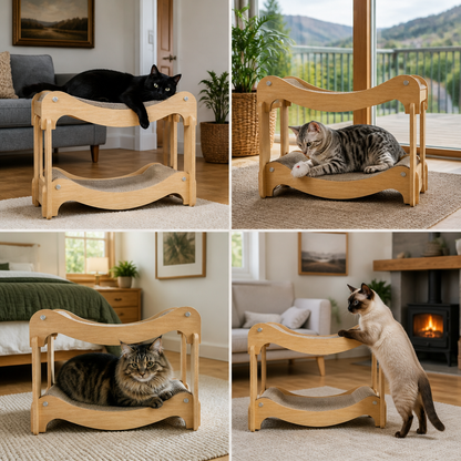 Wooden Double-Decker Cat Play & Lounge Bed with Sisal Scratching Ramp and Hanging Toys