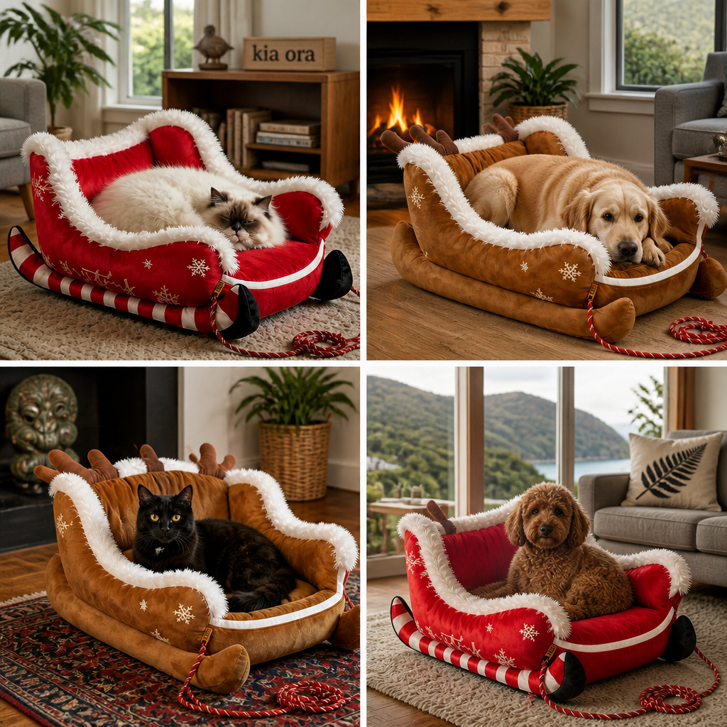 Christmas Sleigh-Shaped Plush Pet Bed with Washable Waterproof Cover