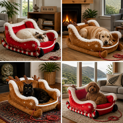 Christmas Sleigh-Shaped Plush Pet Bed with Washable Waterproof Cover
