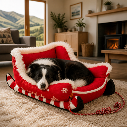 Christmas Sleigh-Shaped Plush Pet Bed with Washable Waterproof Cover