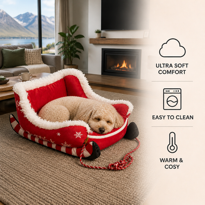 Christmas Sleigh-Shaped Plush Pet Bed with Washable Waterproof Cover