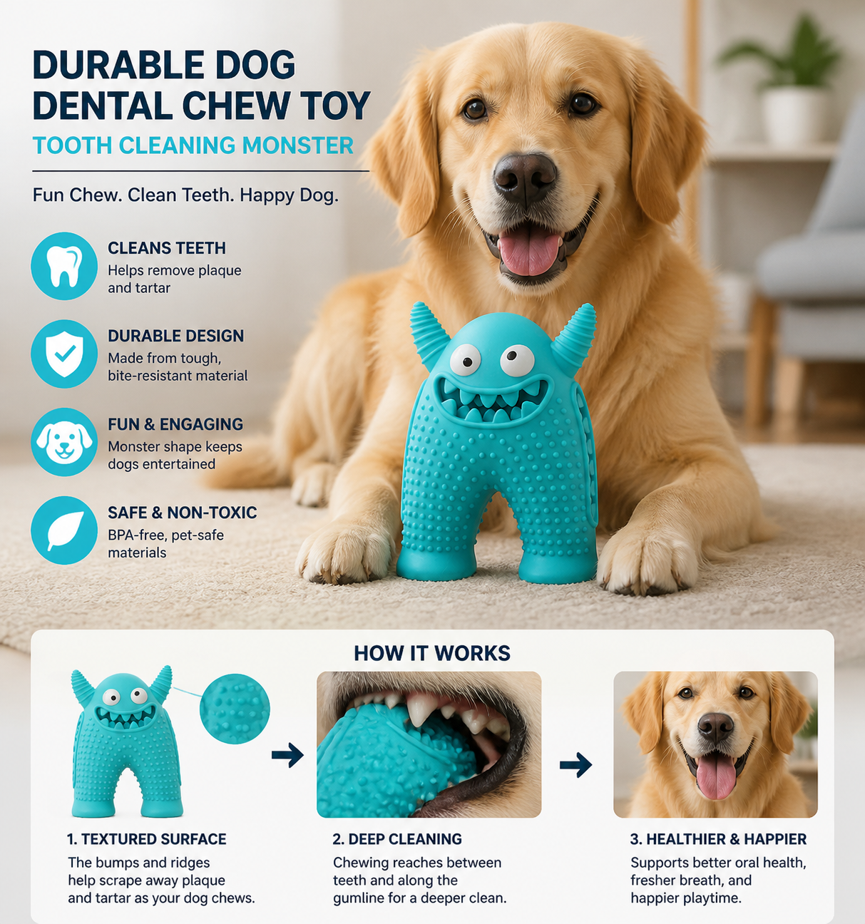 Durable Dog Dental Chew Toy – Tooth Cleaning Monster in Dog Colors