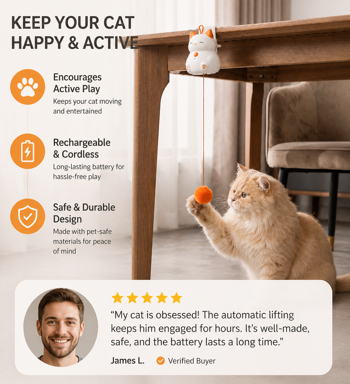 Interactive Rechargeable Cat Toy – Automatic Lifting Pom-Pom Teaser