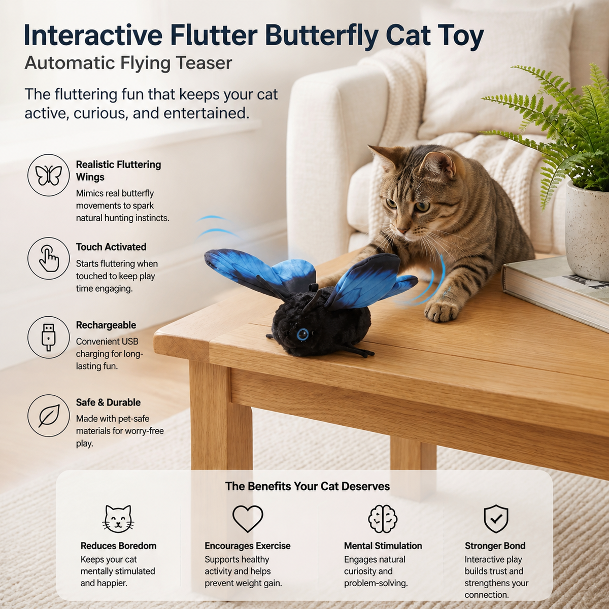 Interactive Flutter Butterfly Cat Toy – Automatic Flying Teaser