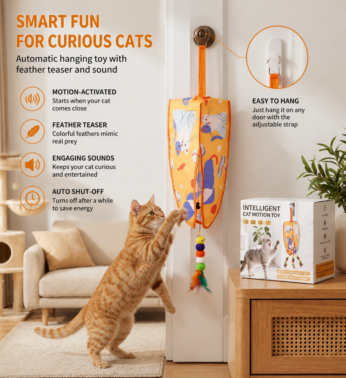 Automatic Hanging Cat Toy with Feather Teasers & Sound