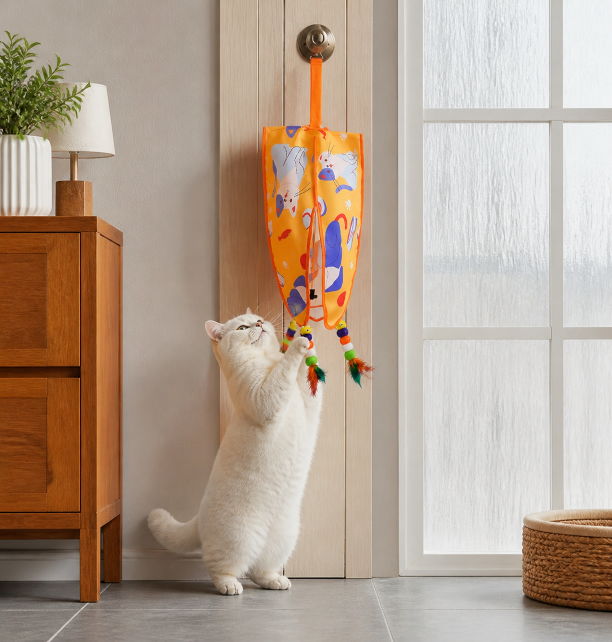 Automatic Hanging Cat Toy with Feather Teasers & Sound