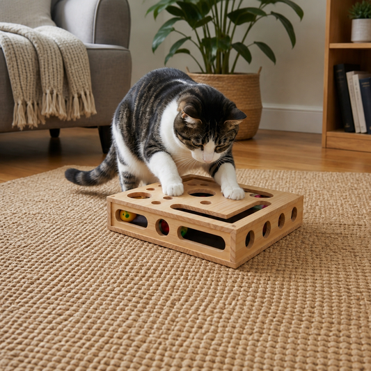 Interactive Wooden Cat Puzzle Box – Scratch, Hide & Treat Enrichment Toy