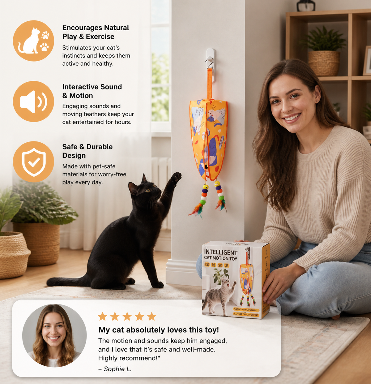 Automatic Hanging Cat Toy with Feather Teasers & Sound