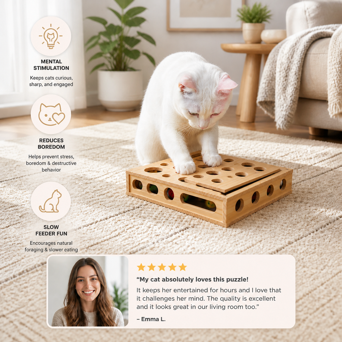 Interactive Wooden Cat Puzzle Box – Scratch, Hide & Treat Enrichment Toy