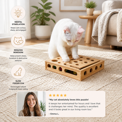 Interactive Wooden Cat Puzzle Box – Scratch, Hide & Treat Enrichment Toy
