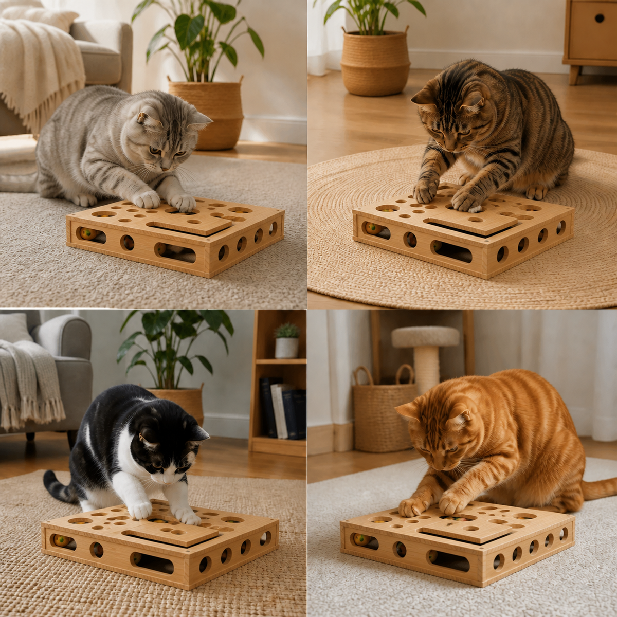 Interactive Wooden Cat Puzzle Box – Scratch, Hide & Treat Enrichment Toy