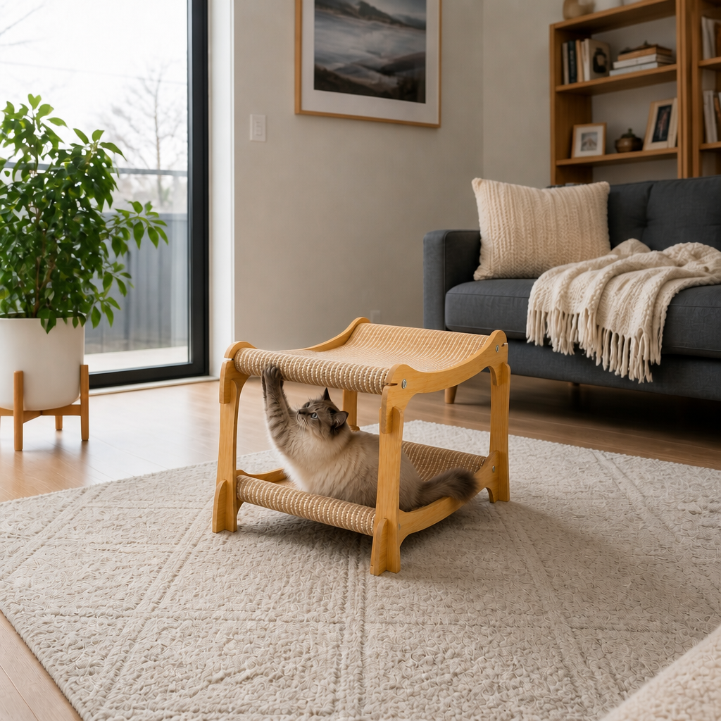 Wooden Double-Decker Cat Play & Lounge Bed with Sisal Scratching Ramp and Hanging Toys