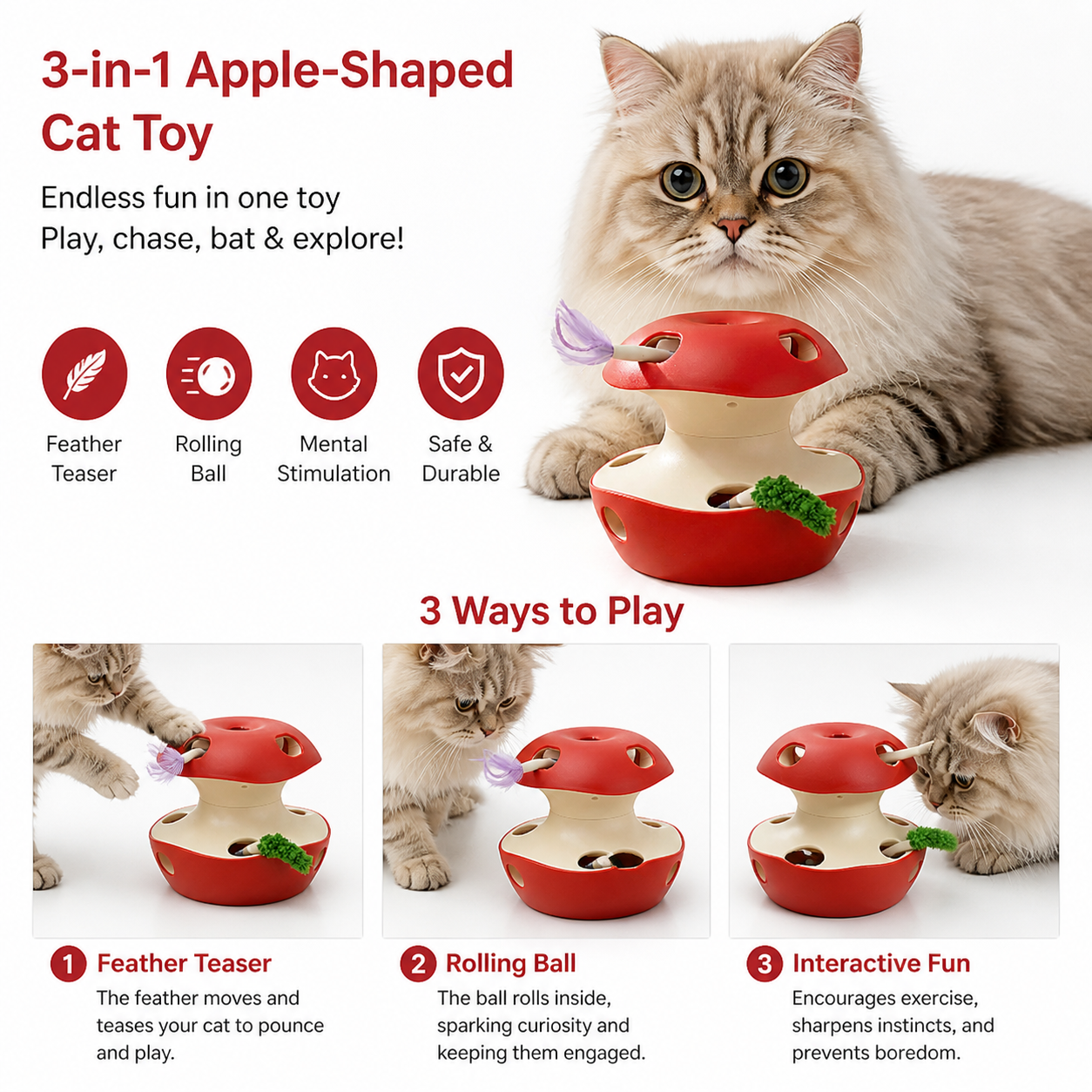 3-in-1 Apple-Shaped Cat Toy – Interactive Feather & Ball Toy