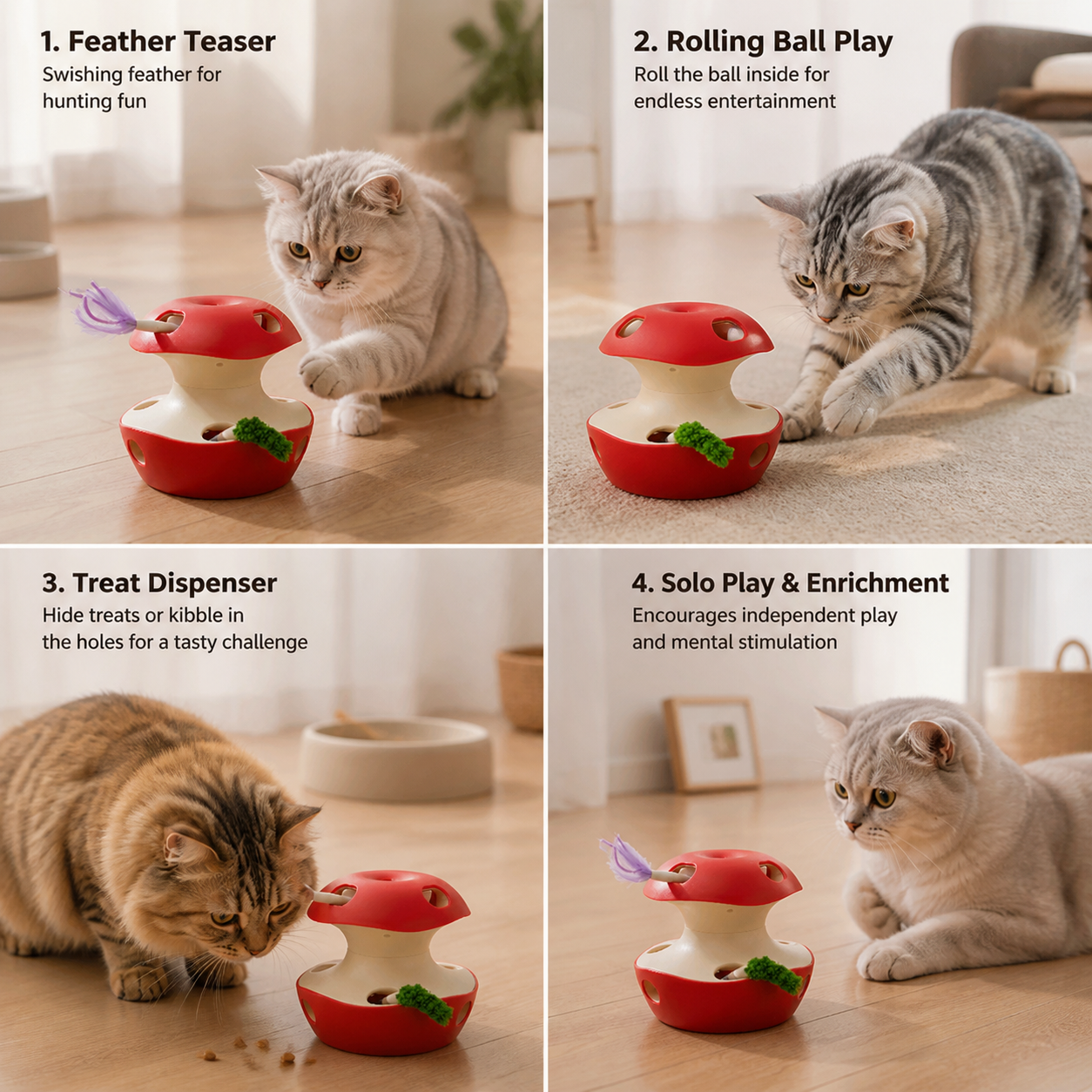 3-in-1 Apple-Shaped Cat Toy – Interactive Feather & Ball Toy