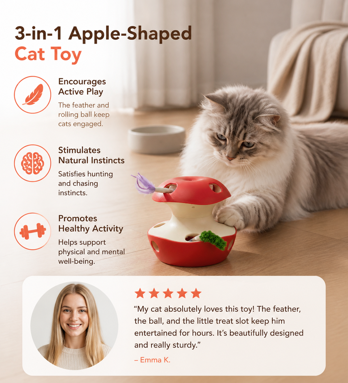 3-in-1 Apple-Shaped Cat Toy – Interactive Feather & Ball Toy